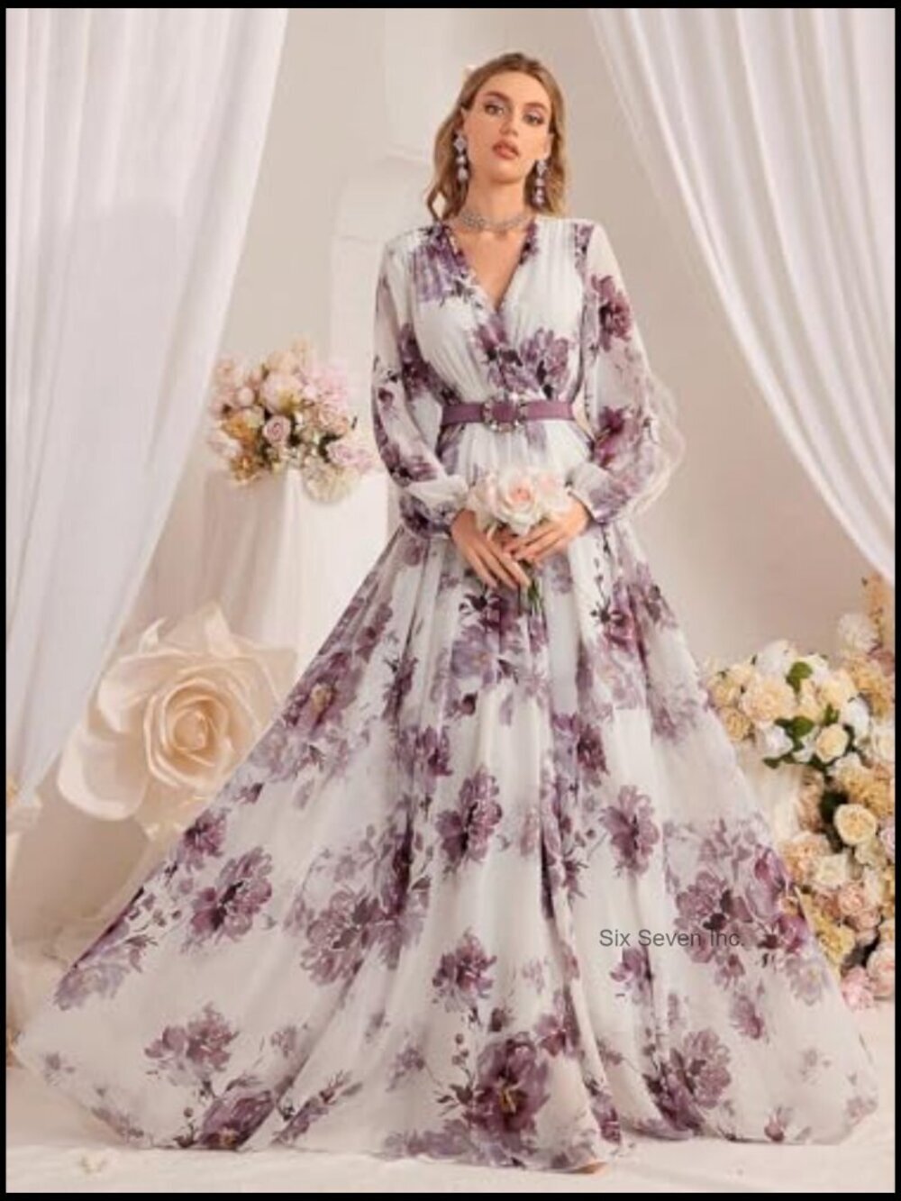 Polyester Maxi Dress Long Sleeve Floral Vintage Boho Casual - Picture 2 of 6